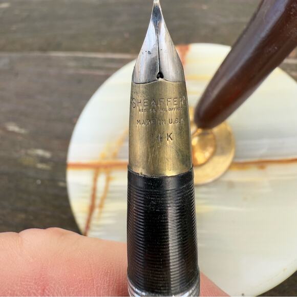 Shaeffer’s Fountain Pen Round Marble Stand Desk Set 14k Gold Nib White Dot Desk - Picture 6 of 8